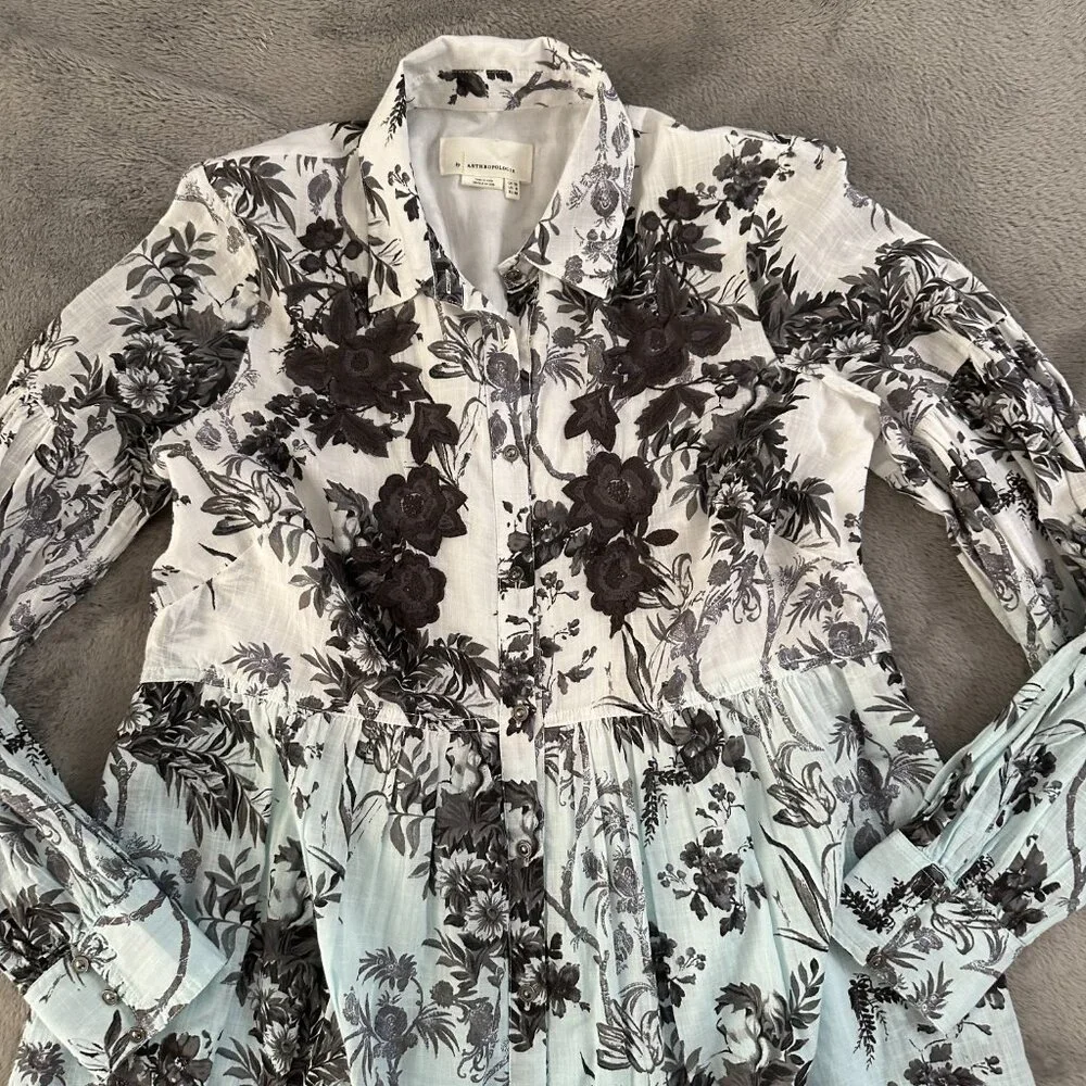 Anthropologie Lavinia Embroidered White Blue Shirt Dress Size 6 Button Cotton - Picture 3 of 8